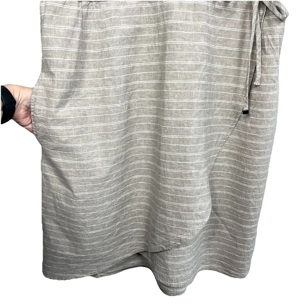 Kyodon Linen Blend Faux Wrap Mini Dress‎ Beige Striped Medium Boho Beach Casual - Picture 3 of 11
